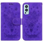 Per OnePlus Nord 2 5G Butterfly Rose Excreated Leather Telefono (Purple)