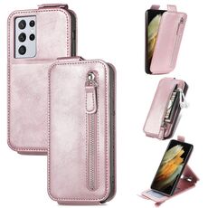 Per Samsung Galaxy S21 Ultra Zipper Wallet Vertical Flip Leather Case (Pink)