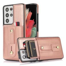 Per Samsung Galaxy S21 Ultra 5G Custodia per il portafoglio per il portafoglio del canale del polso (rosa oro)