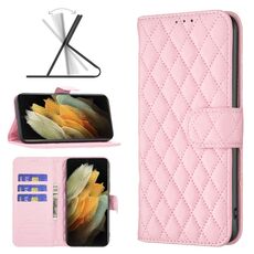 Per Samsung Galaxy S21 Ultra 5G Diamond Lattice Wallet Flip Phone Case (rosa)