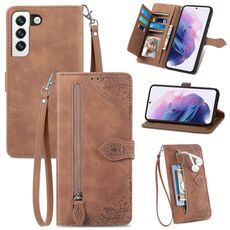 Per Samsung Galaxy S22 5G Custodia per il telefono in pelle shock floreale (Brown)