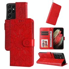 Per Samsang Galaxy S21 Ultra 5G Custodia in pelle di girasole goffrata (rossa)