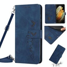 Per Samsung Galaxy S21 Ultra Skin Feel Custodia per telefono in pelle con motivo a cuore con cordino (blu)