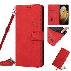 Per Samsung Galaxy S21 Ultra Skin Feel Custodia per telefono in pelle con motivo a cuore con cordino (rosso)