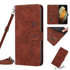 Per Samsung Galaxy S21 Ultra Skin Feel Custodia per telefono in pelle con motivo a cuore con cordino (marrone)