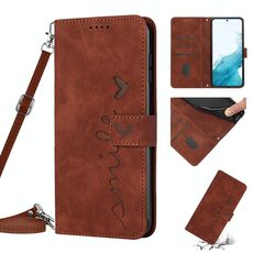 Per Samsung Galaxy S22 Custodia per telefono in pelle con motivo a cuore Skin Feel con cordino (marrone)