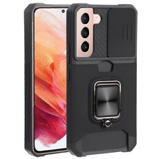 Per Samsung Galaxy S22 5G Coperchio della fotocamera scorrevole PC + TPU Cassa del telefono antiurto con porta anello e slot per schede (nero)