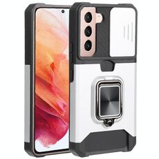 Per Samsung Galaxy S22 5G Coperchio della fotocamera scorrevole PC + TPU Cassa del telefono antiurto con porta anello e slot per schede (argento)