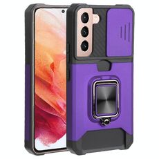Per Samsung Galaxy S22 5G Coperchio della fotocamera scorrevole PC + Cassa del telefono antiurto TPU con porta anello e slot per schede (viola)