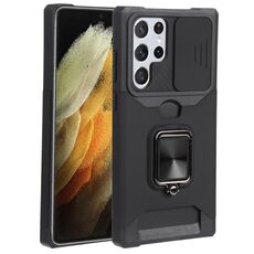 Per Samsung Galaxy S22 Ultra 5G Coperchio fotografica scorrevole Design PC + TPU Cassa del telefono antiurto con porta ad anello e slot per schede (nero)