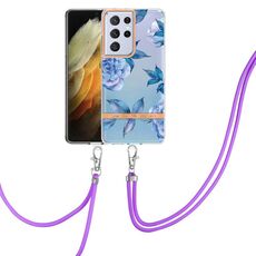 Per Samsung Galaxy S21 Ultra 5G Flowers Flowers Series TPU Case con cordino (peonia blu)