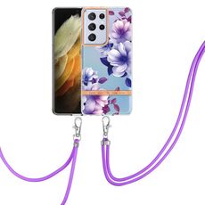 Per Samsung Galaxy S21 Ultra 5G Flowers Series Phone TPU Custodia con cordino (BEGONIA PRUGNA)