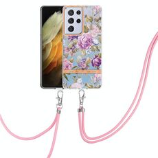 Per Samsung Galaxy S21 Ultra 5G Flowers Flowers Series TPU Case con cordino (peonia viola)