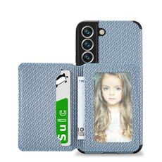 Per Samsung Galaxy S22 5G Porta carte magnetica in fibra di carbonio TPU + Caso (blu)