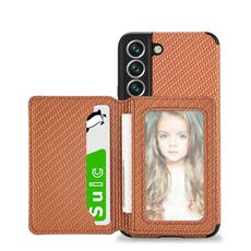 Per Samsung Galaxy S22 5G Porta carte magnetica in fibra di carbonio TPU + Custodia in PU (Brown)