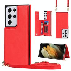 Per Samsung Galaxy S21 Ultra 5G Cross-Body Square Doppia Fibbia Flip Scheda Borsa TPU + Custodia in PU con slot per schede e portafoglio e foto e cinturino (rosso)