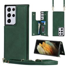 Per Samsung Galaxy S21 Ultra 5G Cross-Body Square Doppia Fibbia Flip Scheda Borsa TPU + Custodia in PU con slot per schede e portafoglio e foto e cinturino (verde)
