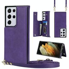 Per Samsung Galaxy S21 Ultra 5G Cross-Body Square Doppio fibbia Flip Scheda Borsa TPU + Custodia PU con slot per schede e portafoglio e foto e cinturino (viola)