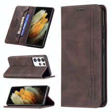 Per Samsung Galaxy S21 Ultra 5G Magnetico RFID Blocco Custodia in pelle antifurto con supporto e carte Slot & Portafoglio (Brown)