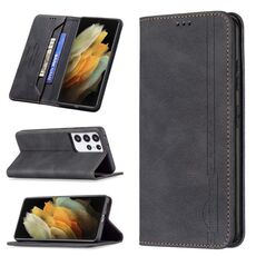 Per Samsung Galaxy S21 Ultra 5G Magnetico RFID Blocco in pelle antifurto in pelle con supporto e carte Slot e portafoglio (nero)