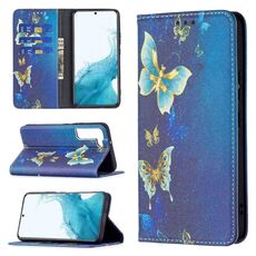 Per Samsung Galaxy S22 5G Pattern di disegno colorato INVISIBILE BAGNETIC MAGNETIC BIGLIP PELLE Custodia in pelle con supporto e carte e portafoglio (farfalla in oro)
