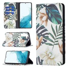 Per Samsung Galaxy S22 5G Pattern di disegno colorato in forma invisibile in pelle flip orizzontale magnetica con titolare e slot per schede e portafoglio (foglie rosse)