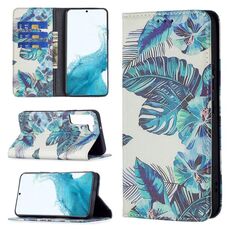 Per Samsung Galaxy S22 5G Pattern di disegno colorato Invisibile Magnetico MAGNETIC BIGLIP PELLE Custodia in pelle con supporto e carte Slot & Portafoglio (foglia blu)