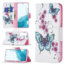 Per Samsung Galaxy S22 5G Disegno colorato modello di disegno orizzontale flip custodia in pelle con titolare e slot per schede e portafoglio (farfalla in fiore di pesca)