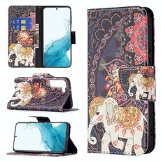 Per Samsung Galaxy S22 5G Pattern colorato modello di disegno orizzontale flip custodia in pelle con supporto e carte slot e portafoglio (fiori elefanti)
