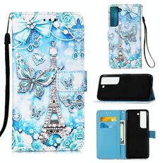 Per Samsung Galaxy S22 5G Disegno colorato Pattern Plain Weave Telefono in pelle con supporto e carta Slot & Portafoglio e cordino (Torre Butterfly)