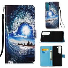 Per Samsung Galaxy S22 5G Pattern di disegno colorato Telefono Pianurale Telefono in pelle con supporto e carta Slot & Portafoglio e cordino (Ocean Waves and Sun)
