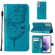 Per Samsung Galaxy S22 5G Custodia in pelle con farfalla in rilievo con supporto e carta Slot & Portafoglio e cordino (blu)