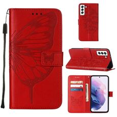 Per Samsung Galaxy S22 5G Custodia in pelle a farfalla in cuoio con supporto e carta Slot & Portafoglio e cordino (rosso)