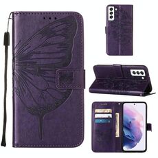 Per Samsung Galaxy S22 5G Cassa del telefono in pelle a farfalla in rilievo con supporto e carta Slot & Portafoglio e cordino (Dark Purple)