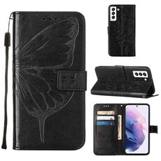 Per Samsung Galaxy S22 5G Custodia in pelle con farfalla in rilievo con supporto e carta Slot & Portafoglio e cordino (nero)