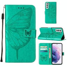 Per Samsung Galaxy S22 5G Cassa del telefono in pelle in pelle in rilievo con supporto e carta Slot & Portafoglio e cordino (verde)