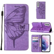 Per Samsung Galaxy S22 5G Cassa del telefono in pelle in cuoio in rilievo con supporto e carta Slot & Portafoglio e cordino (viola)