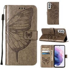 Per Samsung Galaxy S22 5G Custodia per cellulare in pelle a farfalla in rilievo con supporto e carta Slot & Portafoglio e cordino (grigio)