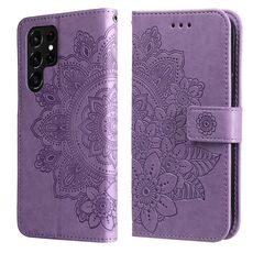 Samsung Galaxy S22 Uitra 5G 7-Petal Flowers Embossed flip custodia in pelle con supporto e slot per schede (viola leggera)