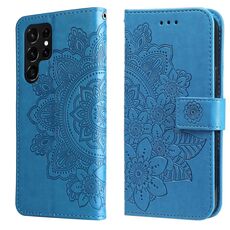 Samsung Galaxy S22 Uitra 5G 7-Petal Flowers Embossed flip custodia in pelle con supporto e slot per schede (blu)