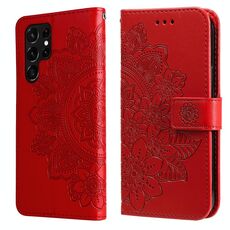 Samsung Galaxy S22 Uitra 5G 7-Petal Flowers Embossed flip custodia in pelle con supporto e slot per schede (rosso)