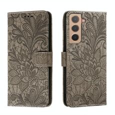 Per Samsung Galaxy S22 5G Cassa del telefono in pelle di pizzo con titolare e carte e portafoglio e cornice fotografica (grigio)