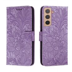 Per Samsung Galaxy S22 5G Cassa del telefono in pelle di pizzo con supporto e carta Slot e portafoglio e cornice fotografica (viola)