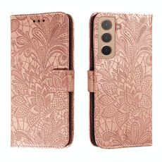 Per Samsung Galaxy S22 5G Cassa del telefono in pelle di pizzo con titolare e slot per schede e portafoglio e cornice per foto (oro rosa)
