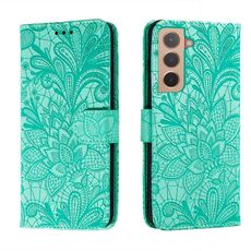 Per Samsung Galaxy S22 5G Cassa del telefono in pelle di pizzo con supporto e carta Slot e portafoglio e cornice fotografica (verde)