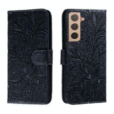 Per Samsung Galaxy S22 5G Cassa del telefono in pelle di pizzo con titolare e carta Slot & Portafoglio e cornice fotografica (blu scuro)