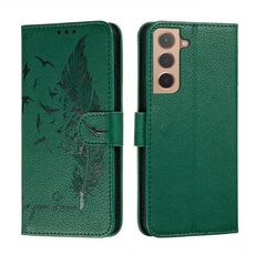 Per Samsung Galaxy S22 5G Pattern di piume Litchi texture custodia in pelle con supporto e carte slot e portafoglio (verde)