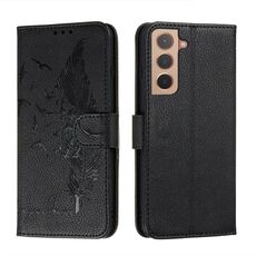 Per Samsung Galaxy S22 5G Pattern di piume Litchi Texture Case Telefono in pelle con titolare e slot per schede e portafoglio (nero)