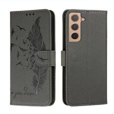 Per Samsung Galaxy S22 5G Pattern di piume Litchi Texture in pelle Cassa del telefono con supporto e carte Slot & Portafoglio (Grigio)