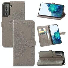 Per Samsung Galaxy S22 5G Mandala Flower goffrato in pelle orizzontale in pelle orizzontale con titolare e carte Slot & Portafoglio e cordino (grigio)